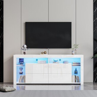 NINEDIN TV Console High Gloss TV Stands w/ 4 Storage Cabinet & Open Shelves, White - 16 inches in width