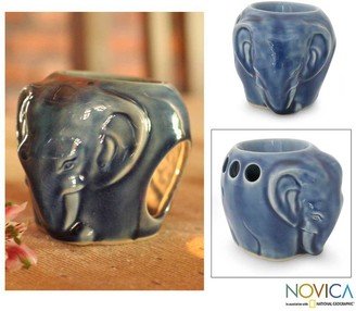 Handmade Celadon Ceramic 'Calm Sapphire Elephant' Oil Burner