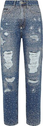 Crystal-Embellished Distressed-Denim Trousers