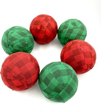 Red Green Check Christmas Fabric Wrapped Balls, Holiday Bowl Filler, Country Rag Ball Set Of 6