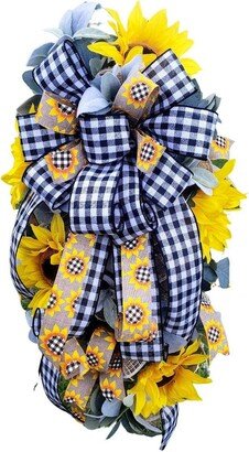 Summer Sunflower & Buffalo Plaid Wreath For Front Door, Farmhouse Swag, Kitchen Wreath, Gift Mom With Sunflowers