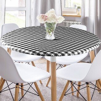 Round Tablecloth -Fitted with Elastic, Vinyl with Flannel Back, 54” Black Checked Design,- By Sorfey