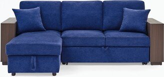 Sofa with Pulled Out Bed, 2 Seats Sofa and Reversible Chaise with Storage, MDF Shelf Armrest, Two Pillows