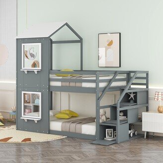 Calnod Natural Design Twin over Twin Grey Bunk Bed with Storage Stairs, Wood Bed with Roof, Window Guardrail and Ladder for Bedroom