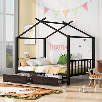 TOSWIN Sleek Metal Cabin Platform Bed with Fun House-Shaped Design, 2 Large Drawers