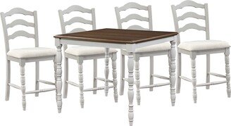 Kim 5 Piece Counter Height Dining Set, Turned Legs, White and Oak Brown