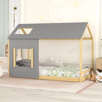 EYIW Twin Size House Bed with Roof and Window, Wooden Platform Bed with Slats for Kids, Girls and Boys