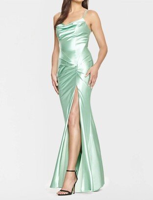 Satin Cowl Neck Evening Gown in Mint Green