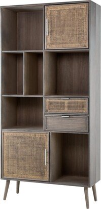 Dana 75 Inch Bookcase Unit, 6 Unique Shelves, 4 Rattan Drawers, Light Gray