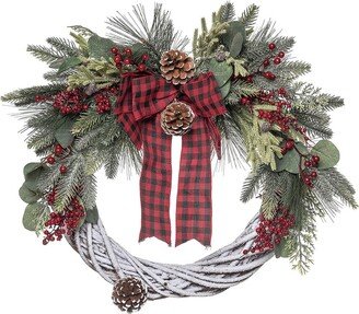 Artificial 24In Multicolored Christmas Woven Wreath With Check Bow