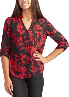 Juniors' Printed Collared V-Neck Blouse