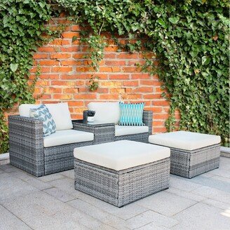 Calnod 5 Pieces Outdoor Patio Wicker Sofa Set Grey Rattan and Beige Cushion with 2pieces Pillows