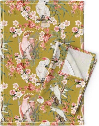 Vintage Style Tea Towels | Set Of 2 - Maximalist Birds Olive By Moonglow Bungalow 1940S Tropical Linen Cotton Spoonflower