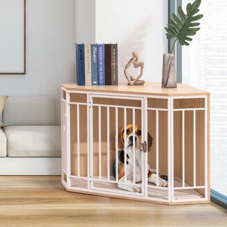 Wooden Corner Dog Crate House with Mesh and Cushion Pet Crate