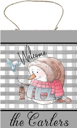 Personalized Gray Check Snowman Christmas Winter Round Printed Handmade Wood Sign