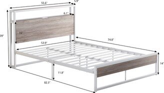 Full Size Metal Platform Bed Frame with Sockets, USB Ports