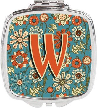 CJ2012-WSCM Letter W Flowers Retro Blue Compact Mirror