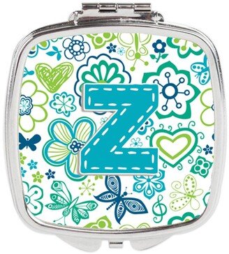 CJ2006-ZSCM Letter Z Flowers & Butterflies Teal Blue Compact Mirror