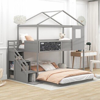 Tiramisubest Twin over Full House Bunk Bed with Storage Staircase and Window