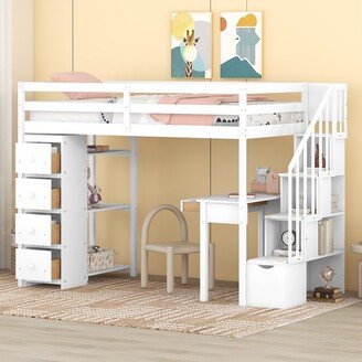 GEROJO White Solid Wood Twin Size Loft Bed with Desk, Storage Drawers, Shelves, and Stairs, Maximized Space, Multifunctional