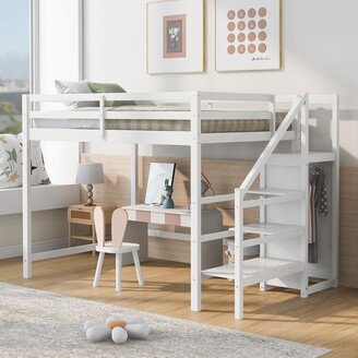 EDWINRAY Modern Style Full Size Loft Bed withStaircase and Built-in Storage Wardrobe.