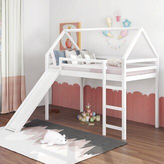 IGEMAN Twin Size House Loft Bed with Slide and Ladder, Under-bed Storage&Play Space, White