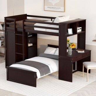 TONWIN Espresso Twin size Loft Bed with Stand alone bed Shelves Desk Wardrobe