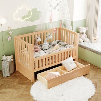 GREATPLANINC Toddler Bed Convertible Crib/Full Size Bed Platform Bed with Drawers, Natural