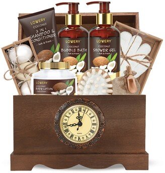 Lovery Luxury Bath Gift Set in a Vintage Style Wooden Clock Box - 13 Pc Premium Coconut