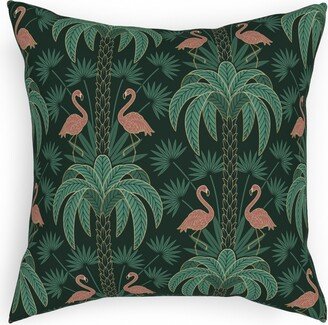 Pillows: Palm Trees And Flamingos Deco Tropical Damask - Green Pillow, Woven, White, 18X18, Double Sided, Green