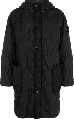 Compass-patch hooded puffer coat