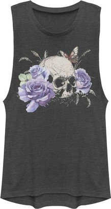 Juniors Womens Lost Gods Flower Skull Festival Muscle Tee - Charcoal - Large