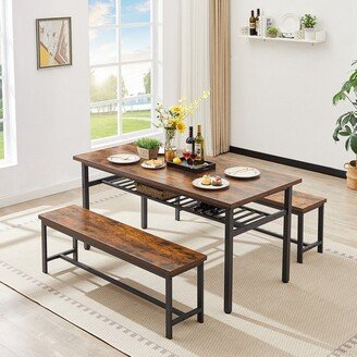 Mieres Grondin Industrial Style Oversized 3-Piece Kitchen Table Set with 2 Benches and Storage Rack, Dining Room Table Set for 6