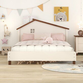 Full Size Wood Platform Bed with House-shaped Headboard-AB