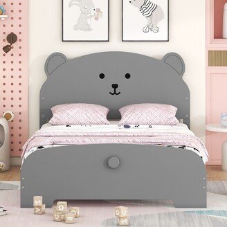 TiramisuBest Twin/Full Size Wood Platform Bed with Bear-shaped Headboard and Footboard