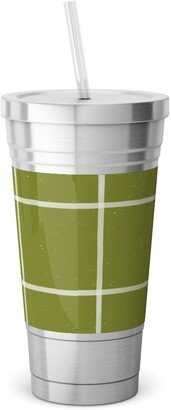 Travel Mugs: Watercolor Windowpane - Green Stainless Tumbler With Straw, 18Oz, Green