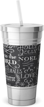 Travel Mugs: Christmas Sayings In Chalk Stainless Tumbler With Straw, 18Oz, Gray