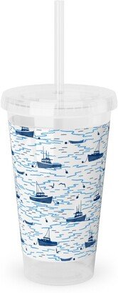 Travel Mugs: Harbor Boats - White Acrylic Tumbler With Straw, 16Oz, Blue