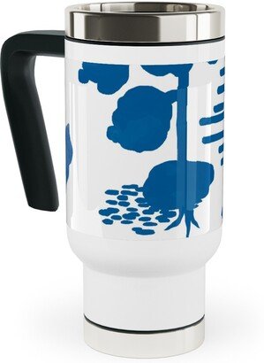 Travel Mugs: Blue And White Garden Travel Mug With Handle, 17Oz, Blue