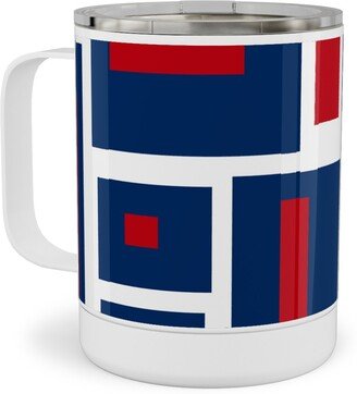 Travel Mugs: Geometric Rectangles In Red, White And Blue Stainless Steel Mug, 10Oz, Blue