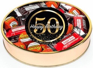 Just Candy 50th Birthday Sugar Free Candy Gift Tin Large Plastic Tin with Sticker and Hershey's Chocolate & Reese's Mix