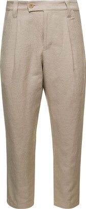 'renato' Beige Cropped Pants With Pinces In Linen And Cotton Man-AB