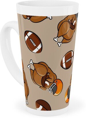 Mugs: Football Turkey With Helmet And Football - Orange On Tan Tall Latte Mug, 17Oz, Beige