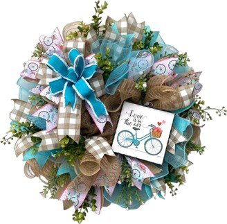 Bicycle Front Door Wreath, Spring Decorations For Porch With Sign, Gift Bicyclist, Love Is in The Air Valentine Decor