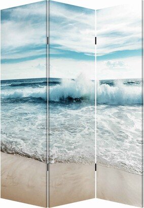 Foldable Canvas Screen with Ocean Shore Print and 3 Panels, Multicolor