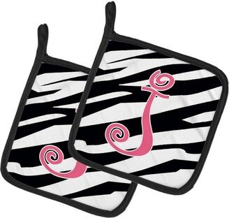 Letter J Initial Zebra Stripe and Pink Pair of Pot Holders