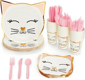 Blue Panda 144 Pieces Disposable Dinnerware Set, Cat Party Plates, Napkins, Cups, Cutlery for Kitty Party Decorations (Serves 24)