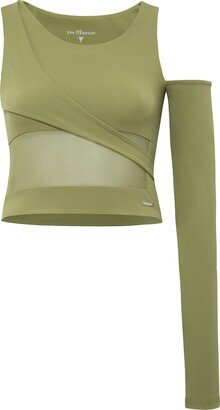 Yes Flâneuse Geo One-Sleeve Crop Top With Mesh Panel Calliste Green