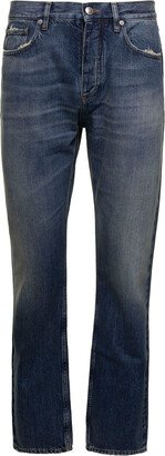 'harison' Blue Five-pocket Straight Jeans With Logo Patch In Cotton Denim Man