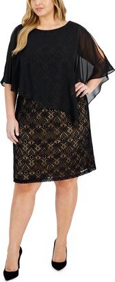 Plus Size Chiffon-Overlay Lace Sheath Dress - Black/Gold